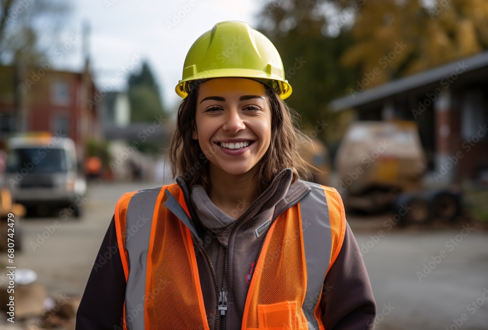 young female construction worker smiling wearing hardhat and safety vest, social media portraiture, complex layering, yellow and brown young female construction worker smiling wearing hardhat and safety vest, social media portraiture, complex layering, yellow and brown