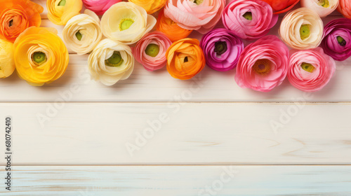 Ranunculus on Wooden Background, Beautiful Flowers, Spring Floral, Copy Space. Generative AI