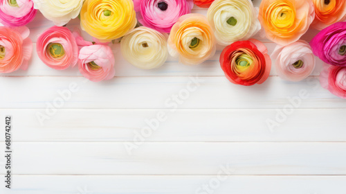 Ranunculus on Wooden Background, Beautiful Flowers, Spring Floral, Copy Space. Generative AI