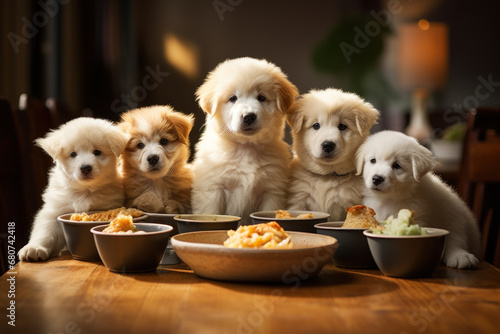 A group of puppies gathered around a bowl of food, eagerly eating together. Concept of shared meals. Generative Ai.