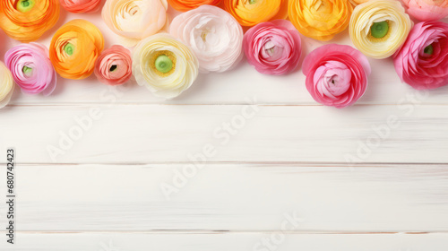 Ranunculus on Wooden Background, Beautiful Flowers, Spring Floral, Copy Space. Generative AI