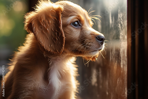 A puppy's wet nose pressed against a dewy window, gazing at the world outside. Concept of puppy daydreams. Generative Ai.