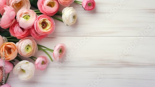 Ranunculus on Wooden Background, Beautiful Flowers, Spring Floral, Copy Space. Generative AI
