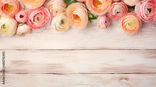 Ranunculus on Wooden Background, Beautiful Flowers, Spring Floral, Copy Space. Generative AI