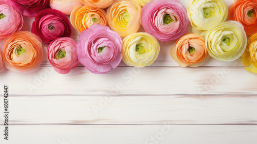Ranunculus on Wooden Background, Beautiful Flowers, Spring Floral, Copy Space. Generative AI