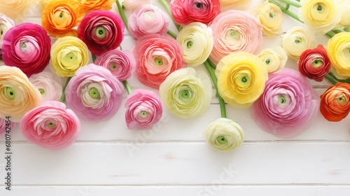 Ranunculus on Wooden Background, Beautiful Flowers, Spring Floral, Copy Space. Generative AI