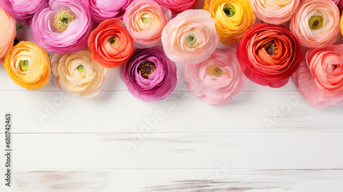 Ranunculus on Wooden Background, Beautiful Flowers, Spring Floral, Copy Space. Generative AI