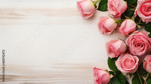 Roses on Wooden Background, Beautiful Flowers, Summer Floral, Copy Space. Generative AI