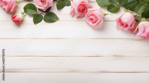 Roses on Wooden Background, Beautiful Flowers, Summer Floral, Copy Space. Generative AI