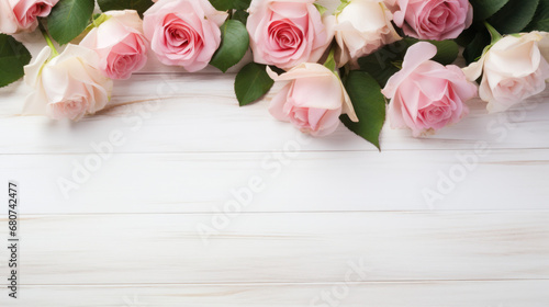 Roses on Wooden Background, Beautiful Flowers, Summer Floral, Copy Space. Generative AI © BussarinK