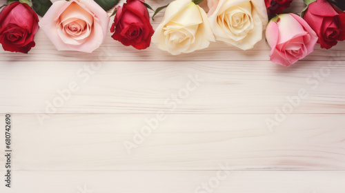 Roses on Wooden Background, Beautiful Flowers, Summer Floral, Copy Space. Generative AI