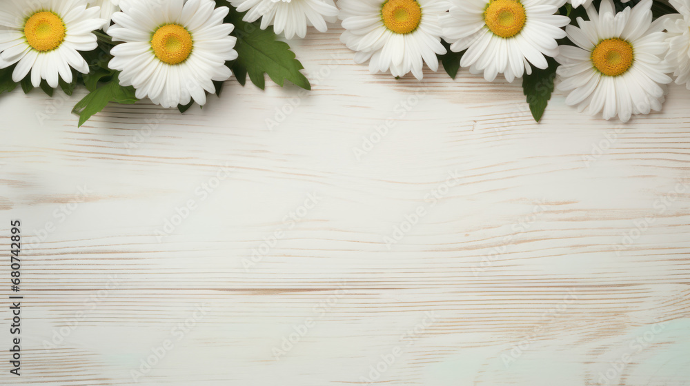 Obraz premium Shasta Daisies on Wooden Background, Beautiful Flowers, Summer Floral, Copy Space. Generative AI