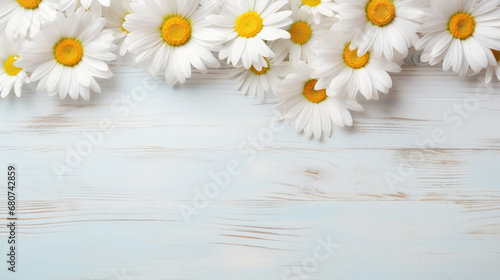 Shasta Daisies on Wooden Background, Beautiful Flowers, Summer Floral, Copy Space. Generative AI © BussarinK