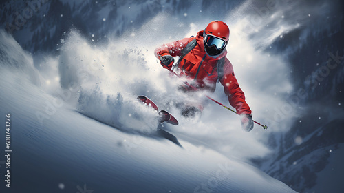 The skilled skier, dressed in vivid winter attire, effortlessly glides through the fresh powder with precision. A skier rides down the slope in winter, skiing on snowy mountains. .