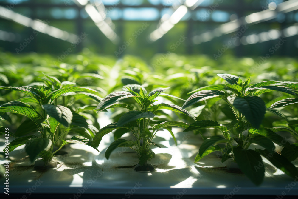 Rows of lush green plants growing in a sunlit greenhouse, highlighting the concept of sustainable agriculture. Generative Ai.