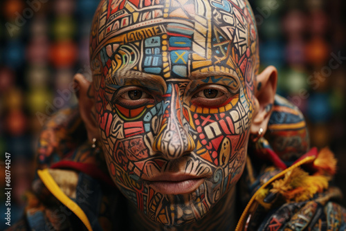 A person with a vibrant, bald head adorned with temporary tattoos, embracing the concept of creativity and self-expression. Generative Ai.