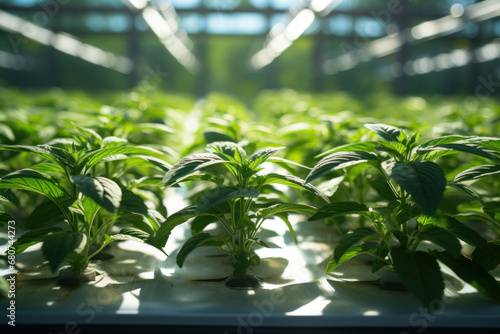 Rows of lush green plants growing in a sunlit greenhouse  highlighting the concept of sustainable agriculture. Generative Ai.