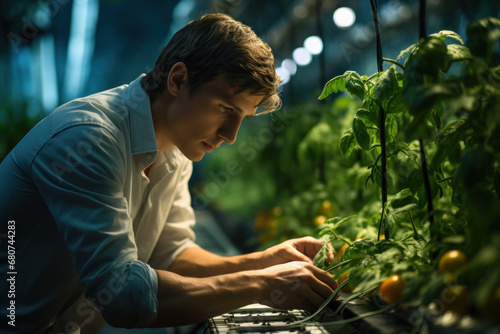 A farmer meticulously tending to young tomato plants in a controlled greenhouse environment, emphasizing precision agriculture. Generative Ai.