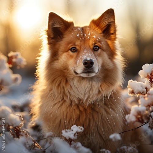 Hunting dog Finnish Spitz on the winder scene. Adorable dog in orange, brown color on the snowy forest background.  Great image for web icon, game avatar, profile picture, for educational needs © InspiringMoments
