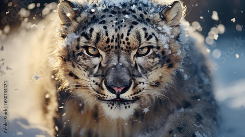 Leopard śnieżny pokryty śniegiem 