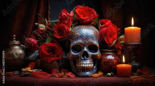 Ołtarz Czaszka na drewnianym stole z różami i świecami. 