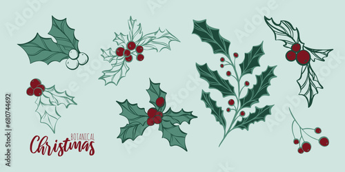 Set of hand drawn xmas branches vector winter floral element. Christmas botanical illustration for presentation, banner, cover, web, flyer, card, sale, poster, slide and social media.	
