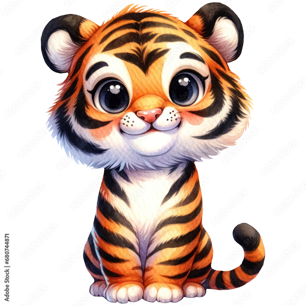 Cute Tiger Safari Animal, Watercolor, Isolated on Transparent Background. Generative AI