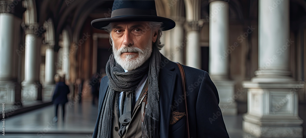 Well-dressed older man looking directly at the camera in a historical university setting