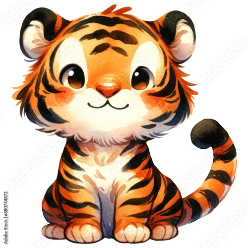 Cute Tiger Safari Animal  Watercolor  Isolated on Transparent Background. Generative AI