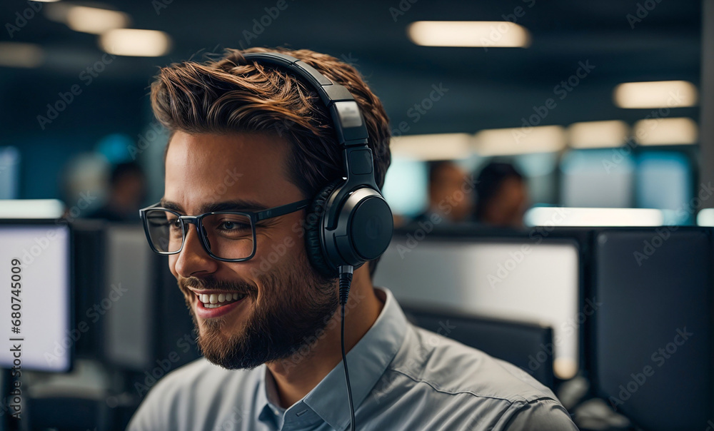Portrait of a male operator in a call center in the office Portrait of a male operator in a call center in the office