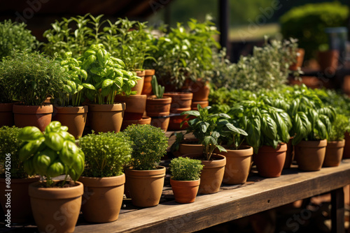 Rows of potted herbs and aromatic plants, contributing to the idea of healthy and flavorful cooking. Generative Ai.