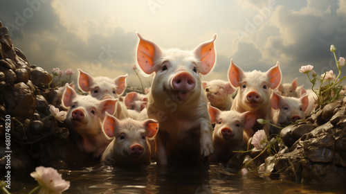 A group of pigs. Generative AI. 