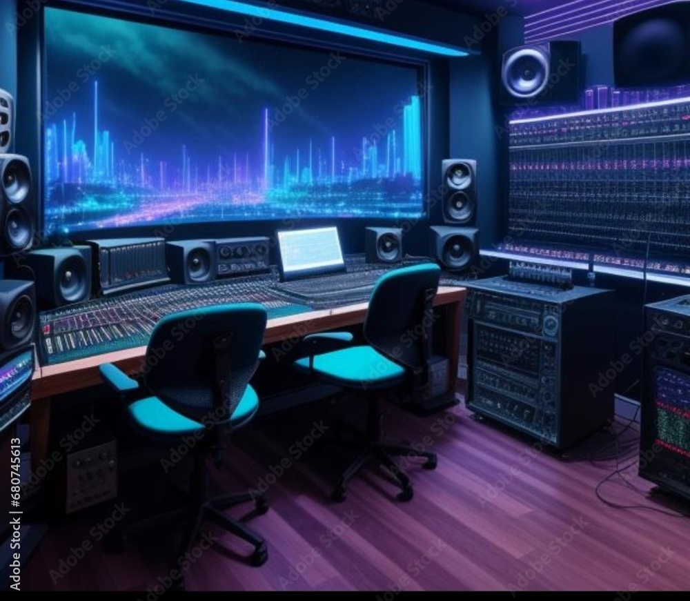 Naklejka premium Futuristic music making studio with various instruments and systems.