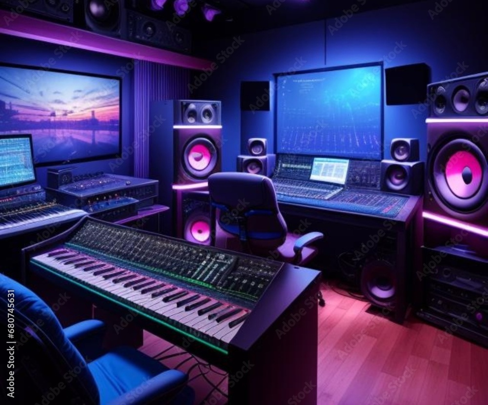 Futuristic music making studio with various instruments and systems. Futuristic music making studio with various instruments and systems.