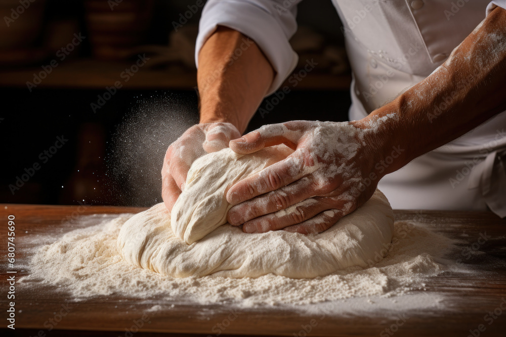 A baker's hands sifting flour through a sack, showcasing the craft of pastry making. Generative Ai.
