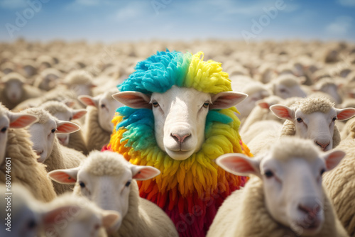 a sheep with LGTBQ rainbow hair, which stands out from the rest.
