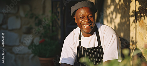 Smiling chef in a sunny outdoor kitchen area 