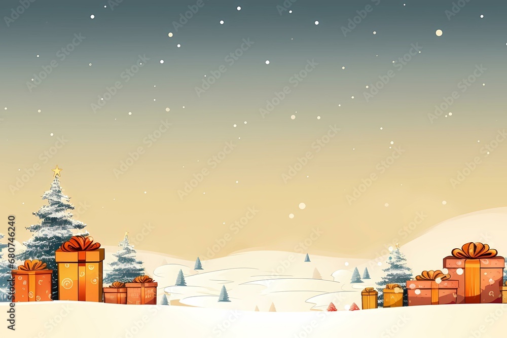 Snowy christmas landscape with presents and christmas trees