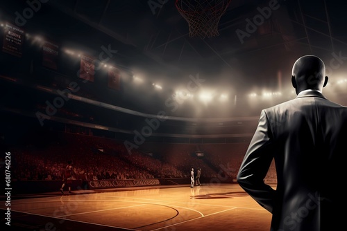 Basketball Coach standing court side, stadium lights