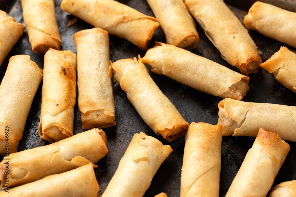 Fried vegetable spring rolls with sweet chilli sauce, party food Fried vegetable spring rolls with sweet chilli sauce, party food