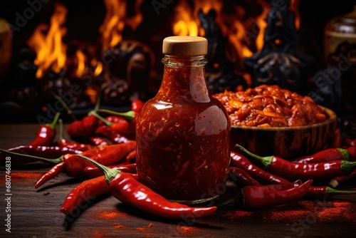 Spicy Infusion Showcase: An alluring showcase captures the essence of a fiery sauce bottle against a wooden canvas, accompanied by the bold presence of hot peppers and an assortment of aromatic spices