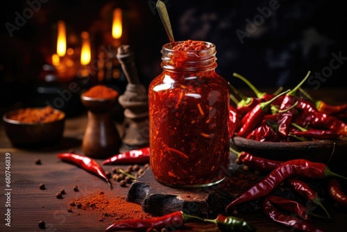 Fiery Flavor Symphony: A symphony of flavors unfolds as a fiery sauce bottle takes center stage on a wooden surface, harmonized by the bold notes of hot peppers and an array of aromatic spices photo