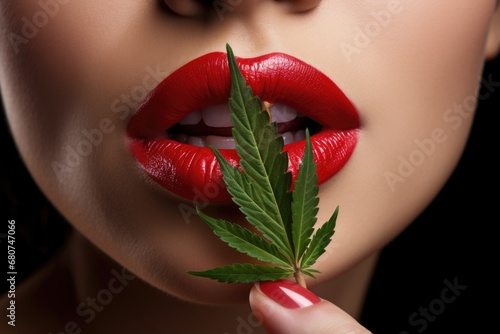Sensual Cannabis Connection: Explore the sensuality in the connection between lips and a cannabis leaf, capturing the delicate synergy of therapeutic intimacy