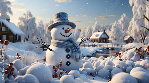 snowman on the lake wearing gray scarf and hat photo