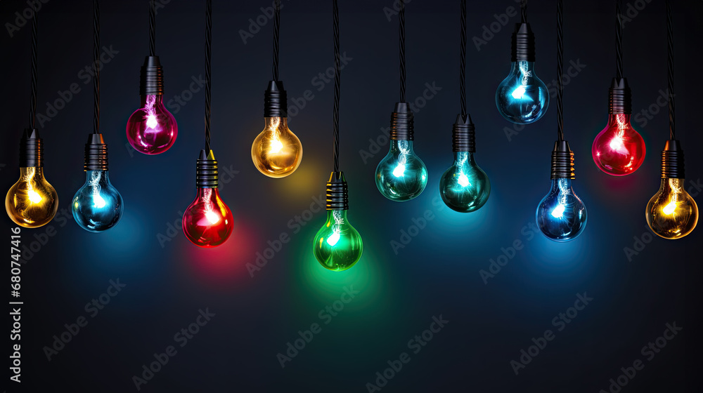 Multi-colored electric lights garland on dark blue background. Vibrant string of colorful glass bulbs Multi-colored electric lights garland on dark blue background. Vibrant string of colorful glass bulbs