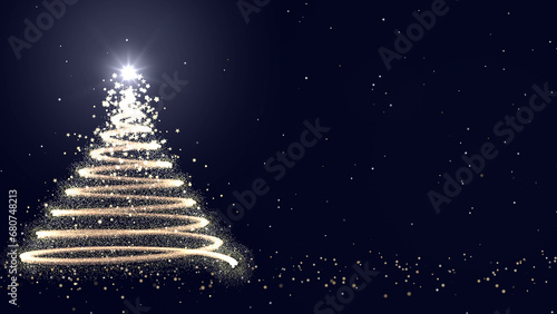 Christmas Tree Digital Illustration Card on Dark Blue Background. Copy Space