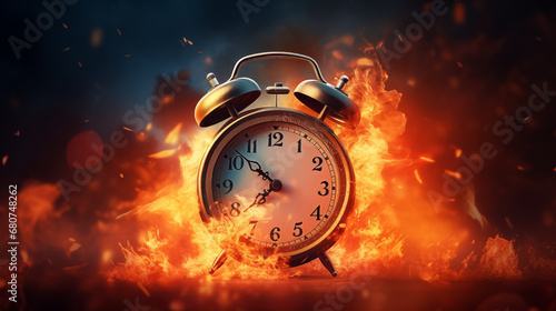 Alarm clock is burning on a fire background. Time is running out concept. photo