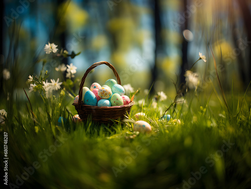 A charming wicker basket filled with speckled Easter eggs sits nestled among bright springtime grass and delicate white flowers