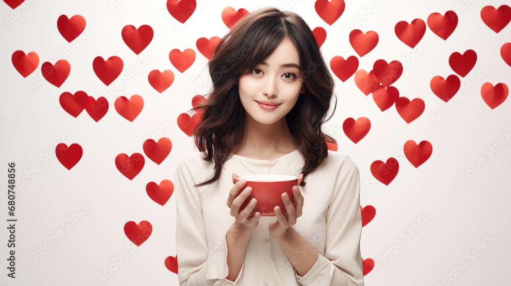 Young Asian woman against a background of red hearts. Valentine concept. Young Asian woman against a background of red hearts. Valentine concept.