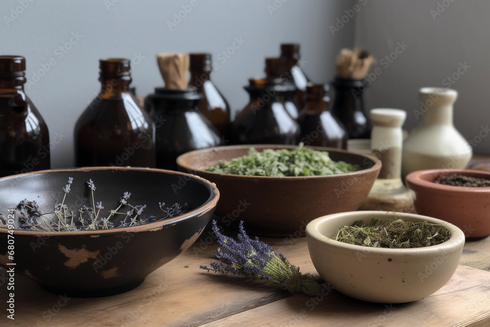 Natural Remedy, Herbal Medicine on Wooden Table. Generative AI. Natural Remedy, Herbal Medicine on Wooden Table. Generative AI.
